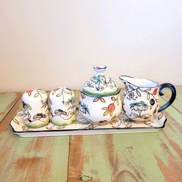 Temptations By Tara Birds Palm Cracker Tray Salt and Pepper Cream & Sugar Set - Picture 3 of 16